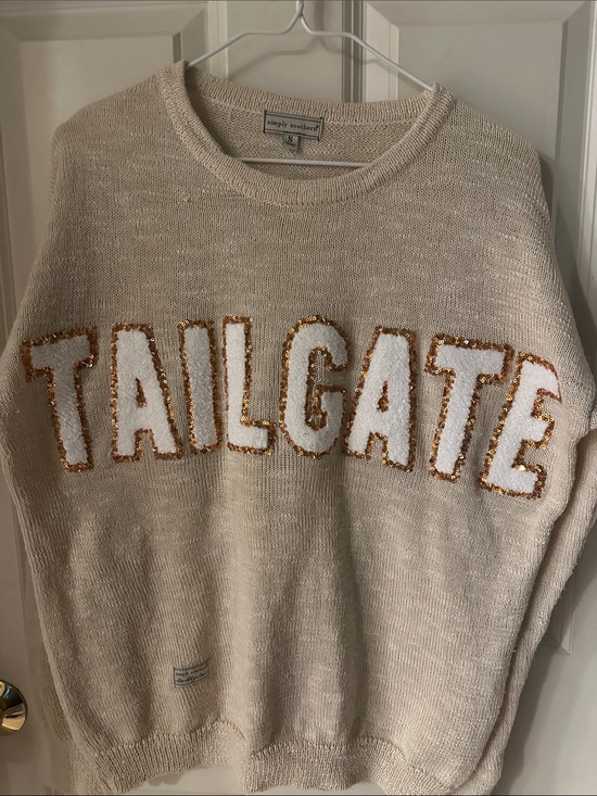 Simply Southern Sweaters - Simply Southern Cream 'TAILGATE' Sequin-Trim Knit Sweater